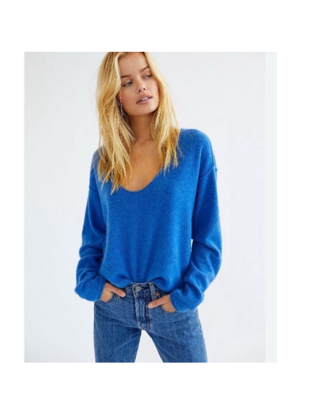 Free People V Neck 100% Cashmere Sweater In Vibrant Blue Size Xs